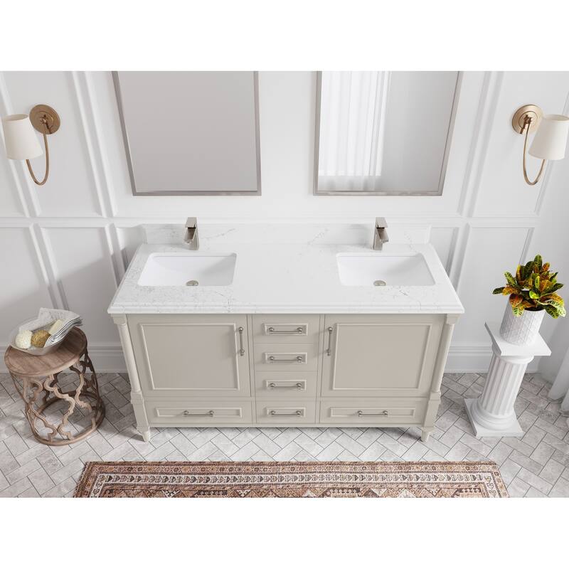 Willow Collections 60 in. W x 22 in. D Aberdeen Double Sink Bathroom Vanity with Countertop - 1.5" Empira White - Fine Grain