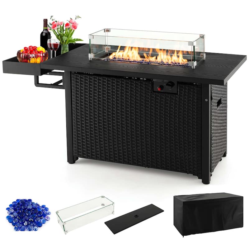52'' Patio Propane Fire Pit Table Wicker Gas Fire Pit with Wind Guard - Black