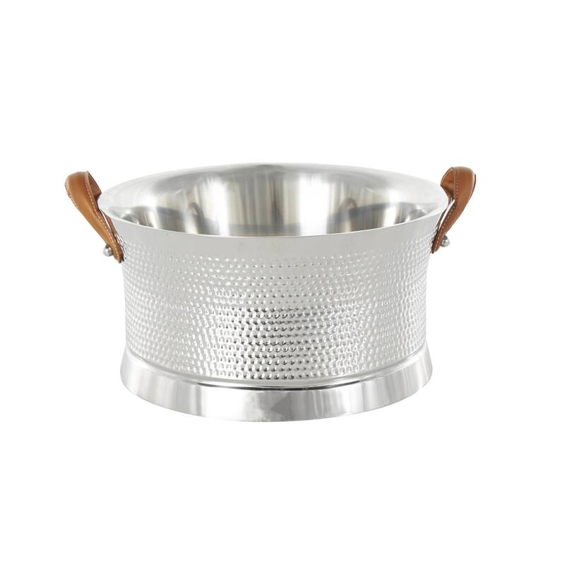 Silver Stainless Steel Metal Hammered Ice Bucket with Brown Leather Handles - 18"W x 21"L x 11"H