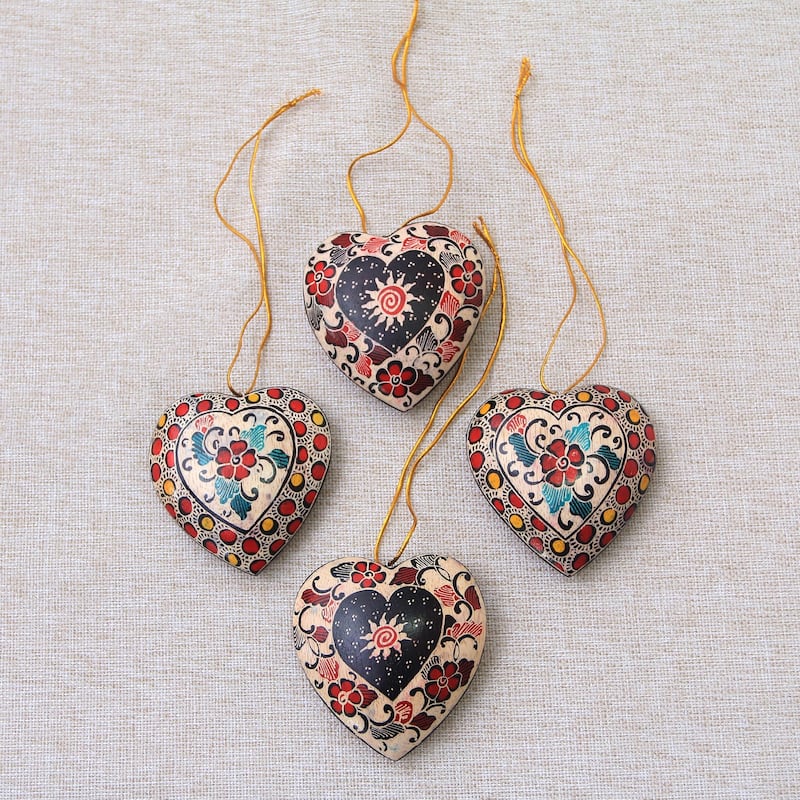 Novica Handmade Heart Flowers Batik Wood Ornaments (Set Of 4)