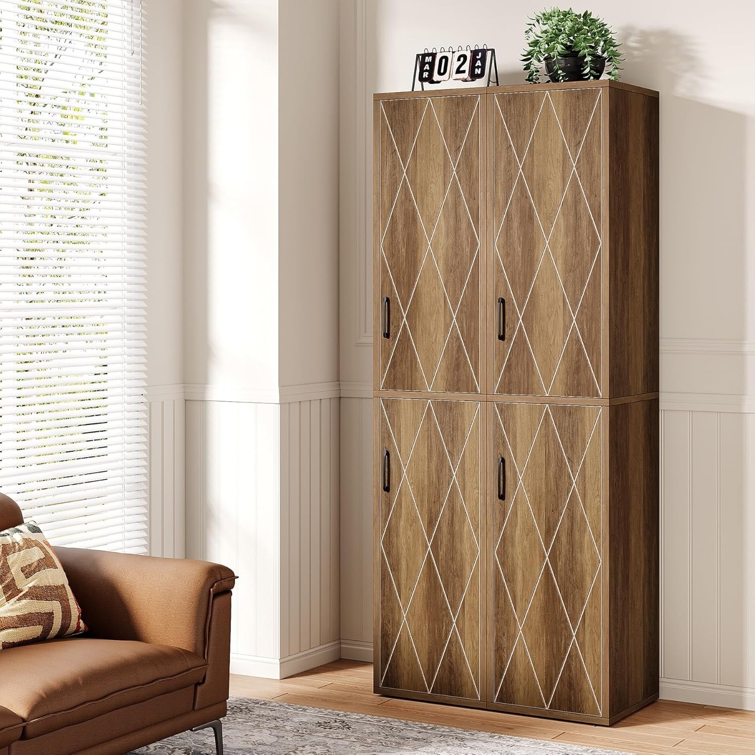 75 Inches Wall Wood Storage Cabinet with 2 Doors and 6 Shelves