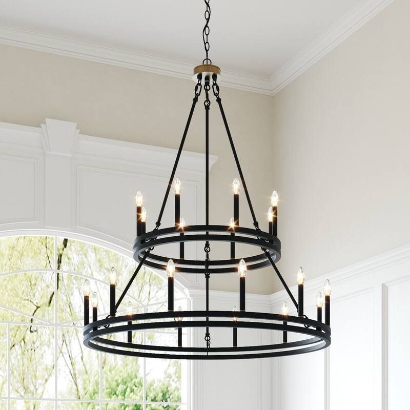 Acroma 20 - Light Living Room Steel Candle Style Wagon Wheel Chandelier - 39.5'' W x 39.5'' D x 47.5'' H