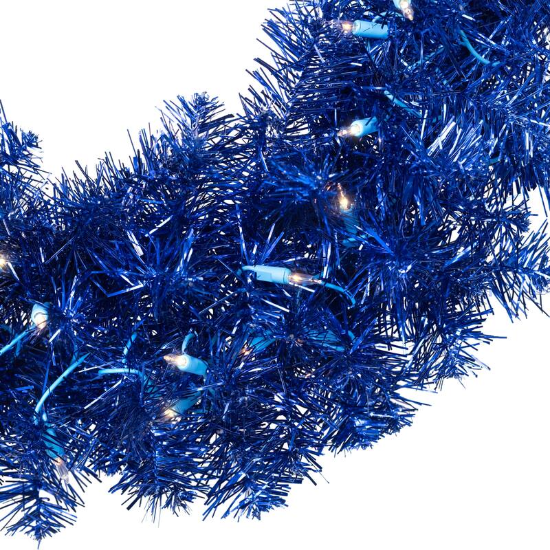Pre-Lit Artificial Tinsel Christmas Wreath - 24" - Blue - Clear Lights