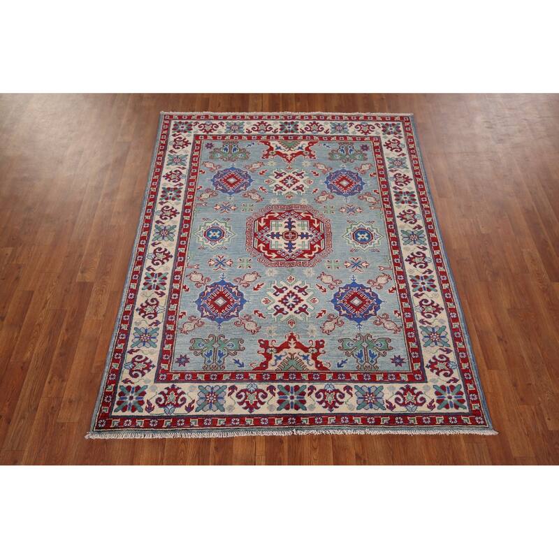 Blue Geometric Kazak Oriental Area Rug Hand-Knotted Wool Carpet - 5'0" x 6'6"