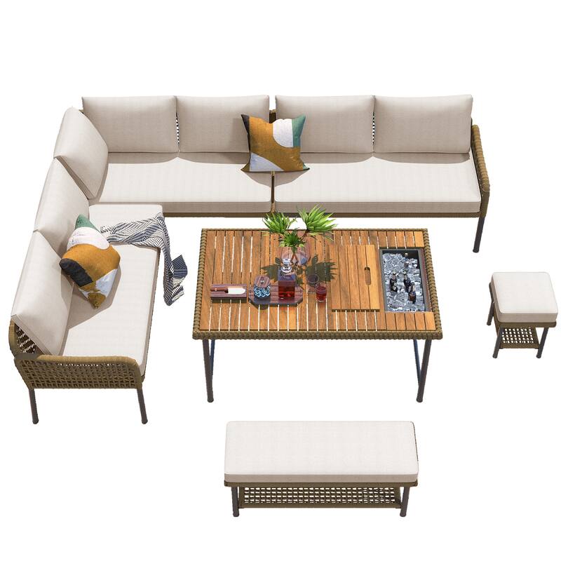 6-Piece Rope Patio Furniture L-Shaped Set with Acacia Wood Table & Rope Benches, Outdoor Sectional Sofa Set wThick Cushion