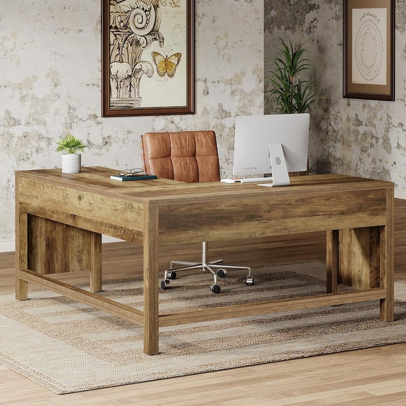 59-Inch L-Shaped Desk with Reinforced Panels for Home Office, Brown