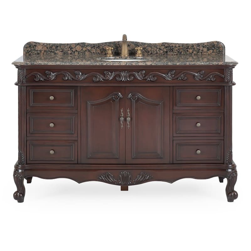 Benton Collection 56 inch Traditional Style Bathroom Sink Vanity With Baltic Brown Top - Brown - Antique