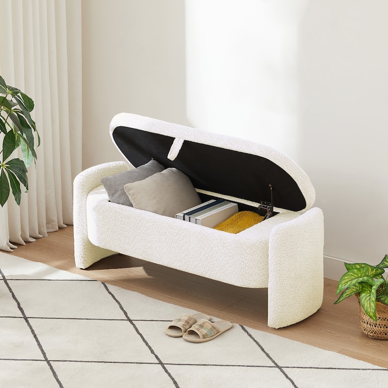 47in. Large Upholstered Storage Ottoman Oval Storage Bench 3D Lamb Fleece Fabric Bench