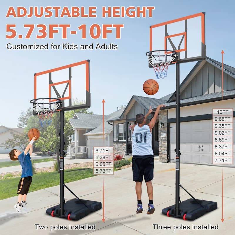Basketball Hoop 5.73-10FT Adjustable Portable 44in Backboard with Wheels Indoor Outdoor