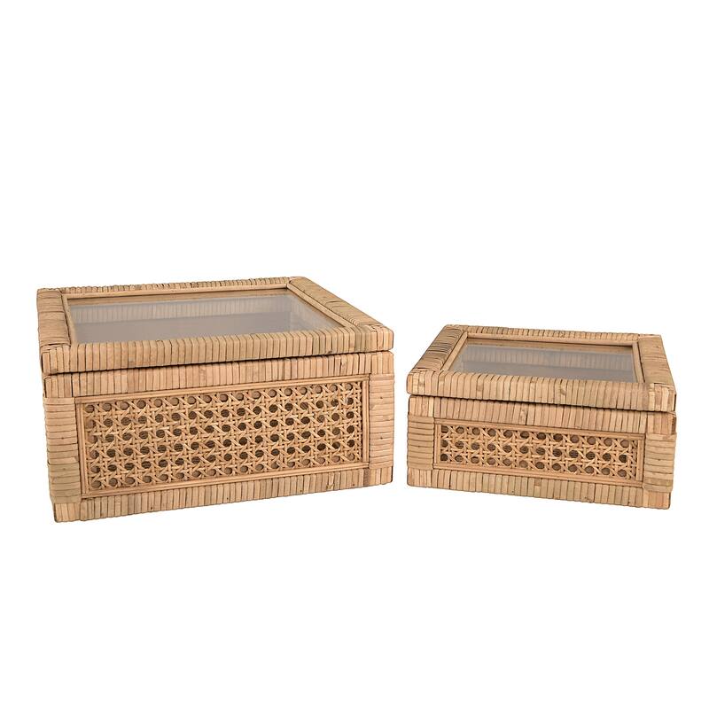 Woven Wood and Rattan Display Boxes with Glass Lids