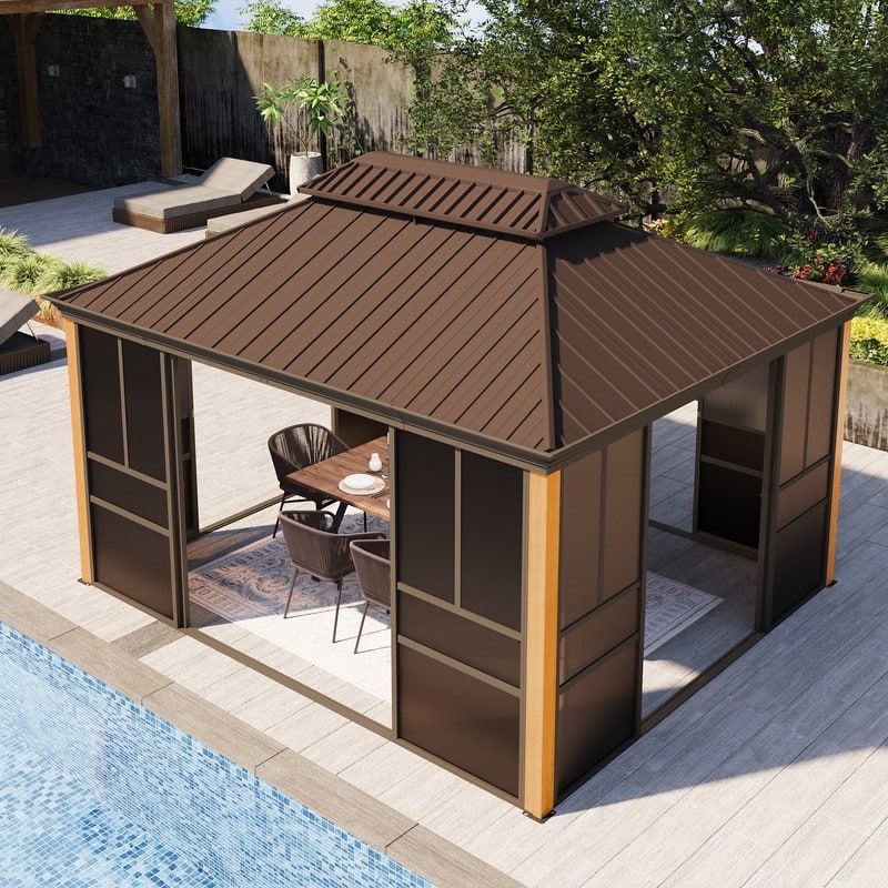 Outdoor Hardtop Sunroom Gazebo with Double Roof & Sliding Doors, All-Season Aluminum Outdoor Pergola, PE Screens&Lockable Design - 12' x 14'