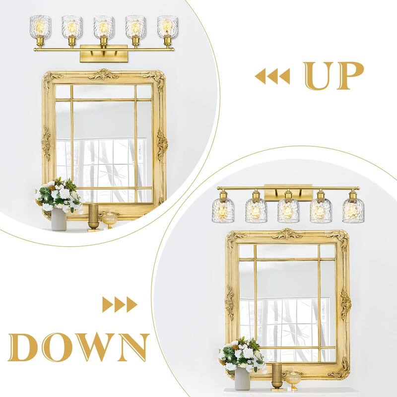 Bathroom Lighting with Clear Hammered Glass, Brushed Gold Finish