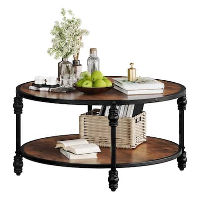 Round Coffee Table for Living Room Rustic Center Table with Storage