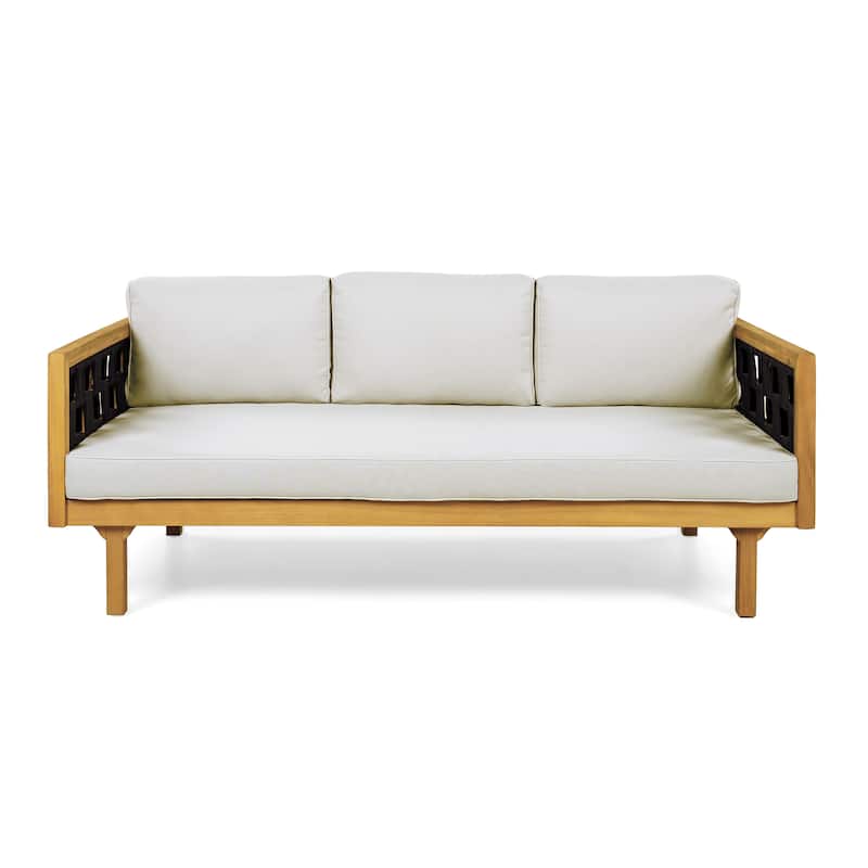 Christopher Knight Home - Modern Outdoor Patio Acacia Wood 3-Seater Daybed Sofa with Cushions, Rope Square Armrest & Teak Finish
