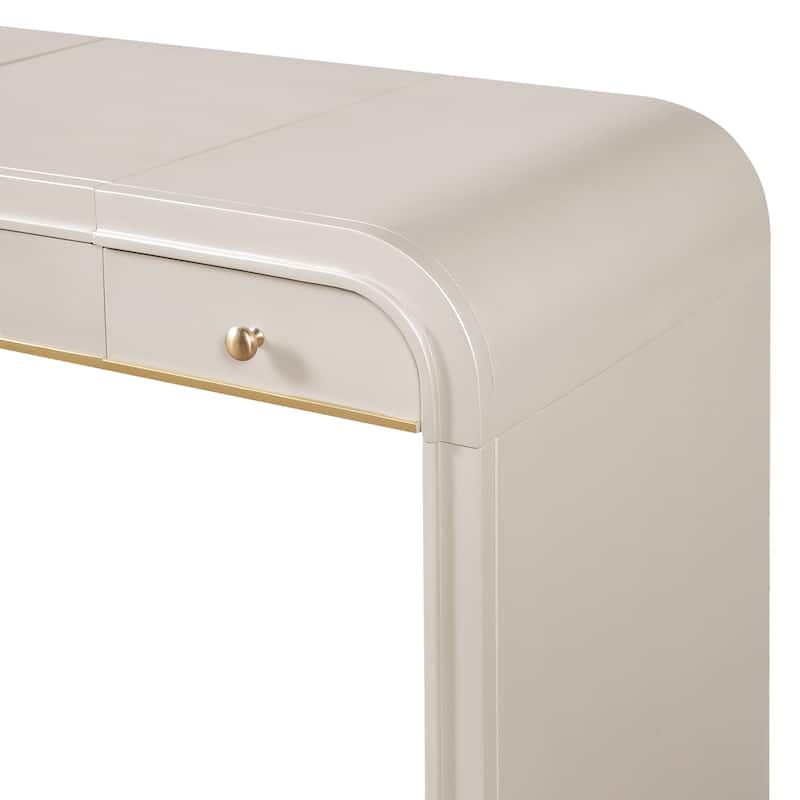 Roomfitters Flip Top Vanity Desk with Mirror and Hidden Storage, Modern Makeup Table with Gold Trim for Small Space