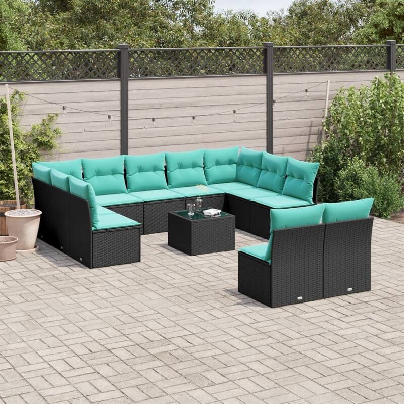 vidaXL 11/12 Piece Patio Sofa Set with Cushions Black/Brown/Gray Poly Rattan - 21.7 x 24.4 x 27.2 - Black and blue With table