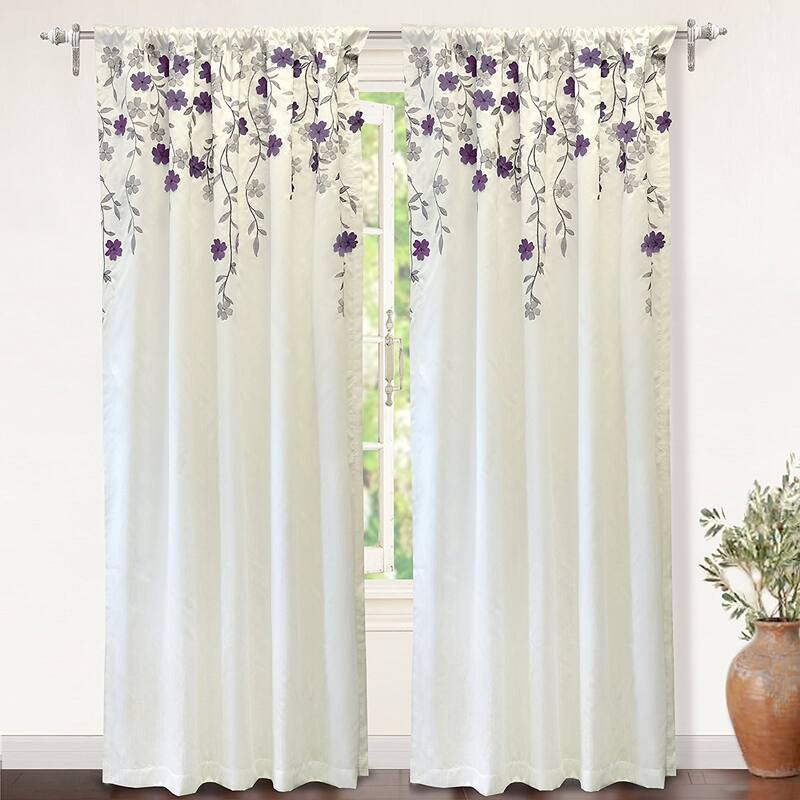 Porch & Den Oneida Floral Embroidered Faux Silk Window Curtain Panel - 50"Wx84"L-Single - ivory/ purple