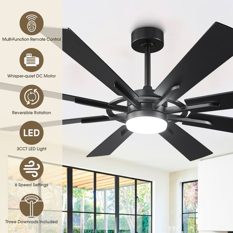 60" Matte Black Large Windmill Farmhouse Integrated LED Ceiling Fan with Light and Remote - 60"Wx12.8"H