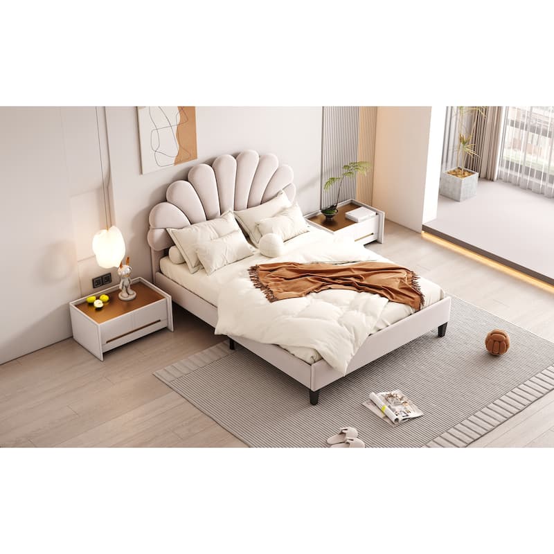 Full Velvet Platform Bed with Flower Headboard