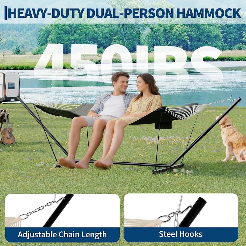 Portable Double Hammock with Stand for Outdoor Patio, Garden, Beach, Backyard, Max 450 Lbs Capacity