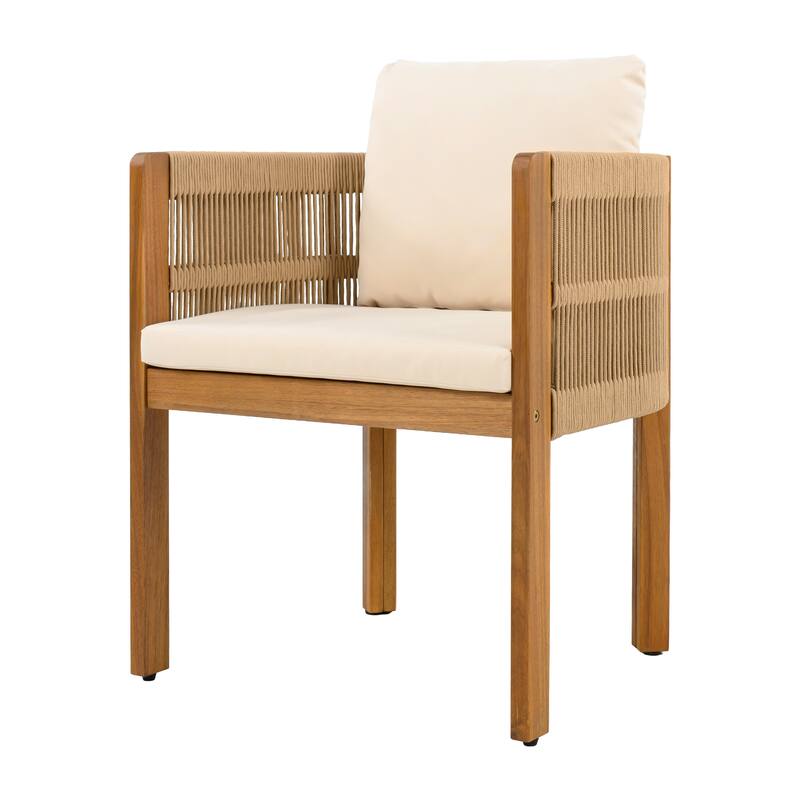 Acacia Wood Outdoor Dining Chairs 2-Pack with Brown Rope Handles, Washable Waterproof Cushions, 400 lbs Capacity