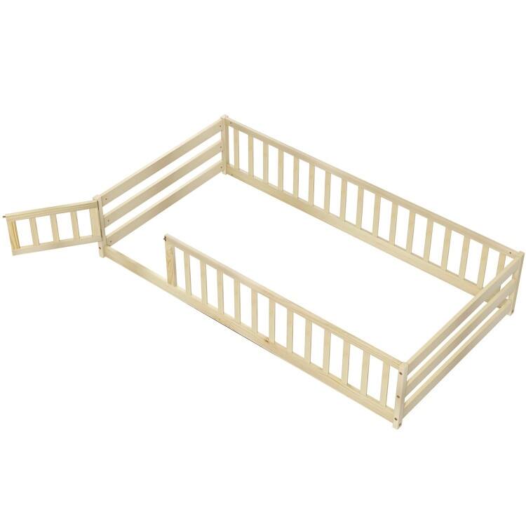 Twin Size Kids Wood Montessori Floor Bed with Door and Fence - Natural