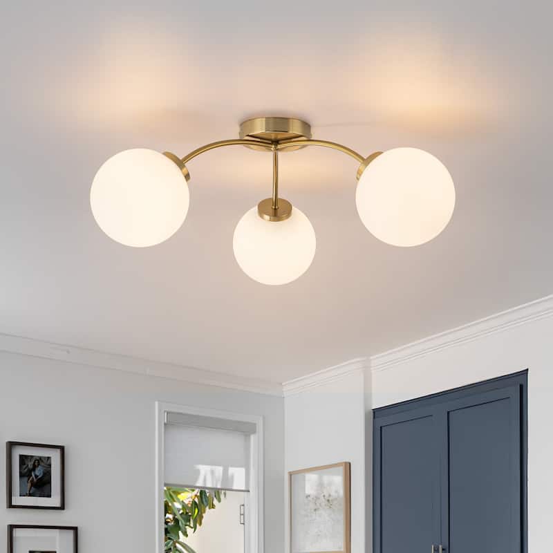 6-Light Brass Semi-Flush Mount Ceiling Light with Opal Glass Shades - 24.2-in W x 9.05-in H