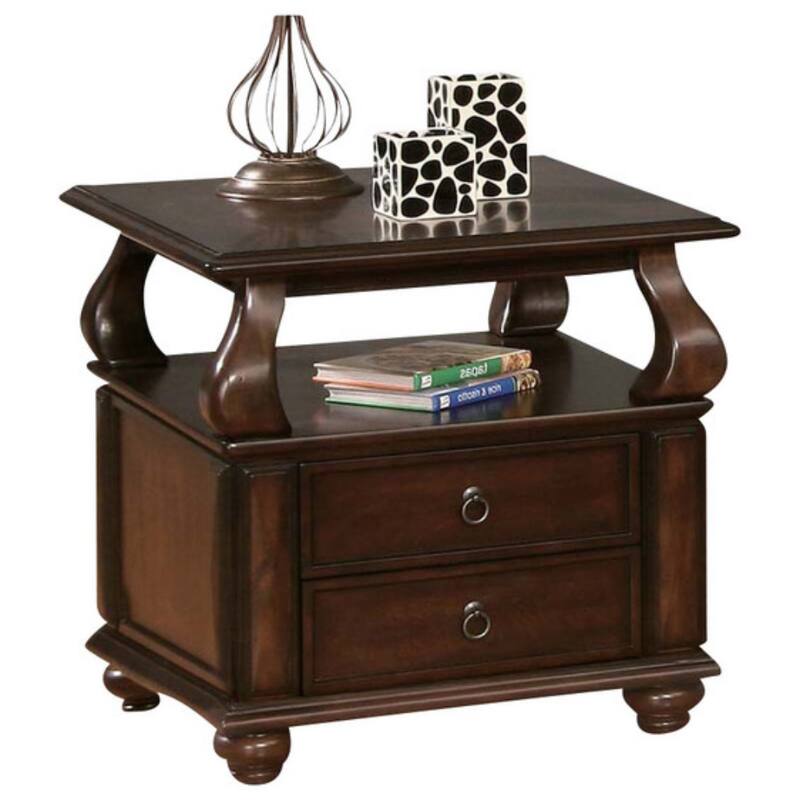 26" Versatile Solid Wood End Table with 2 Drawers and Open Shelf Brown Walnut Finish for Living Room - 28”L x 26”W x 26”H