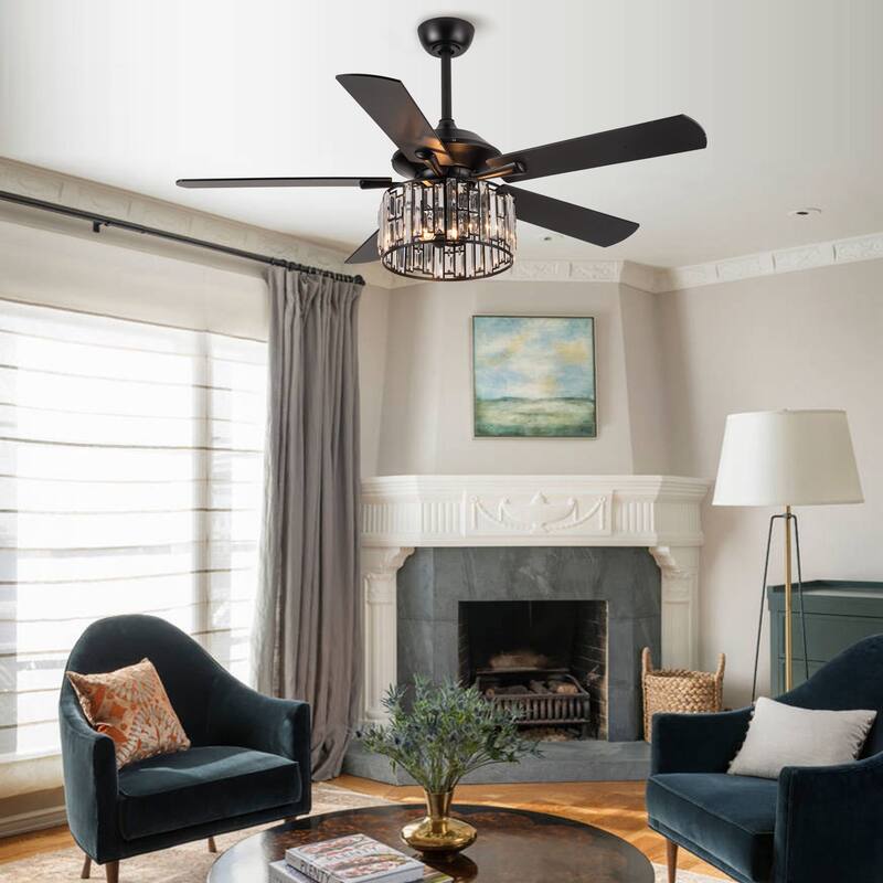 52-in Matte Black Industrial Crystal Caged Downrod Mount Ceiling Fan with Remote and Light Kit