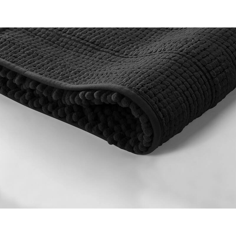2 Piece Black Soft Cozy Plush Chenille Bath Mat & Contour Bath Rug On