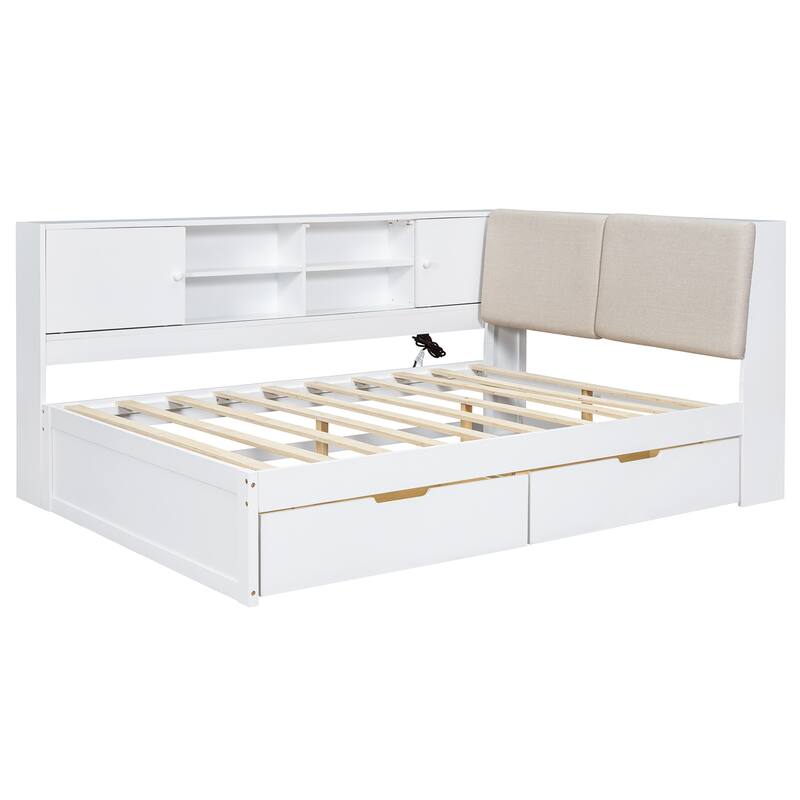 L-shaped Daybed Wooden Corner Sofa Bed Frame with Sliding Doors Bookcase Captains Bed, Upholstered Headboard Built-in Storage