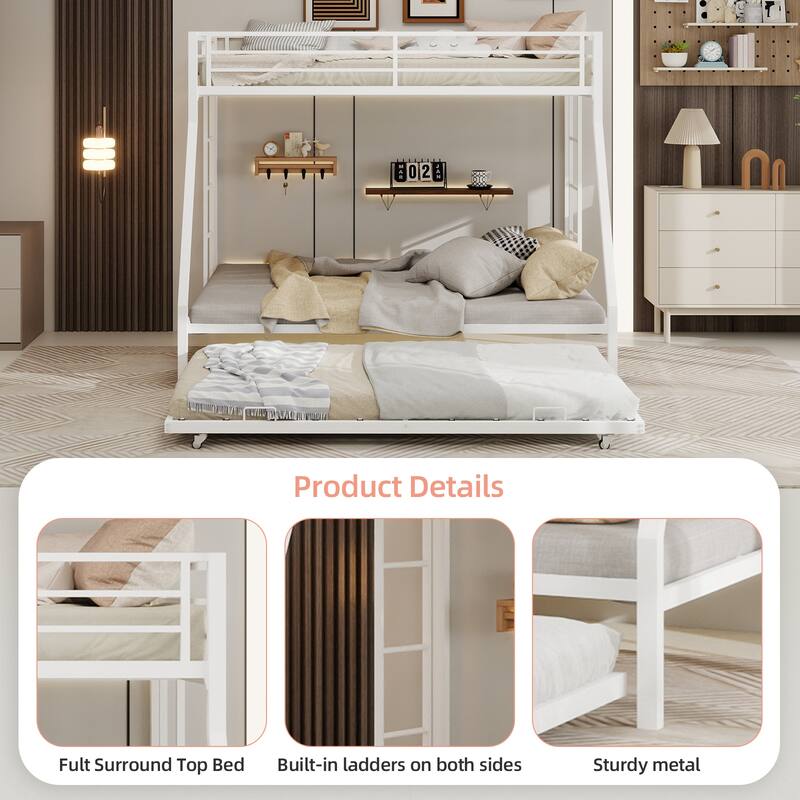 GDFStudio - Square Tube Metal Full Bunk Bed with Ladder & Trundle