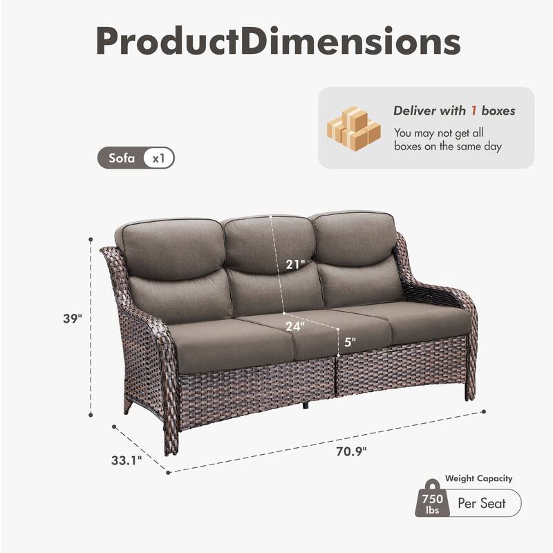 Meyreso Handwoven Wicker Outdoor Patio 3-Seat Sofa with 5-Inch Thick Cushions