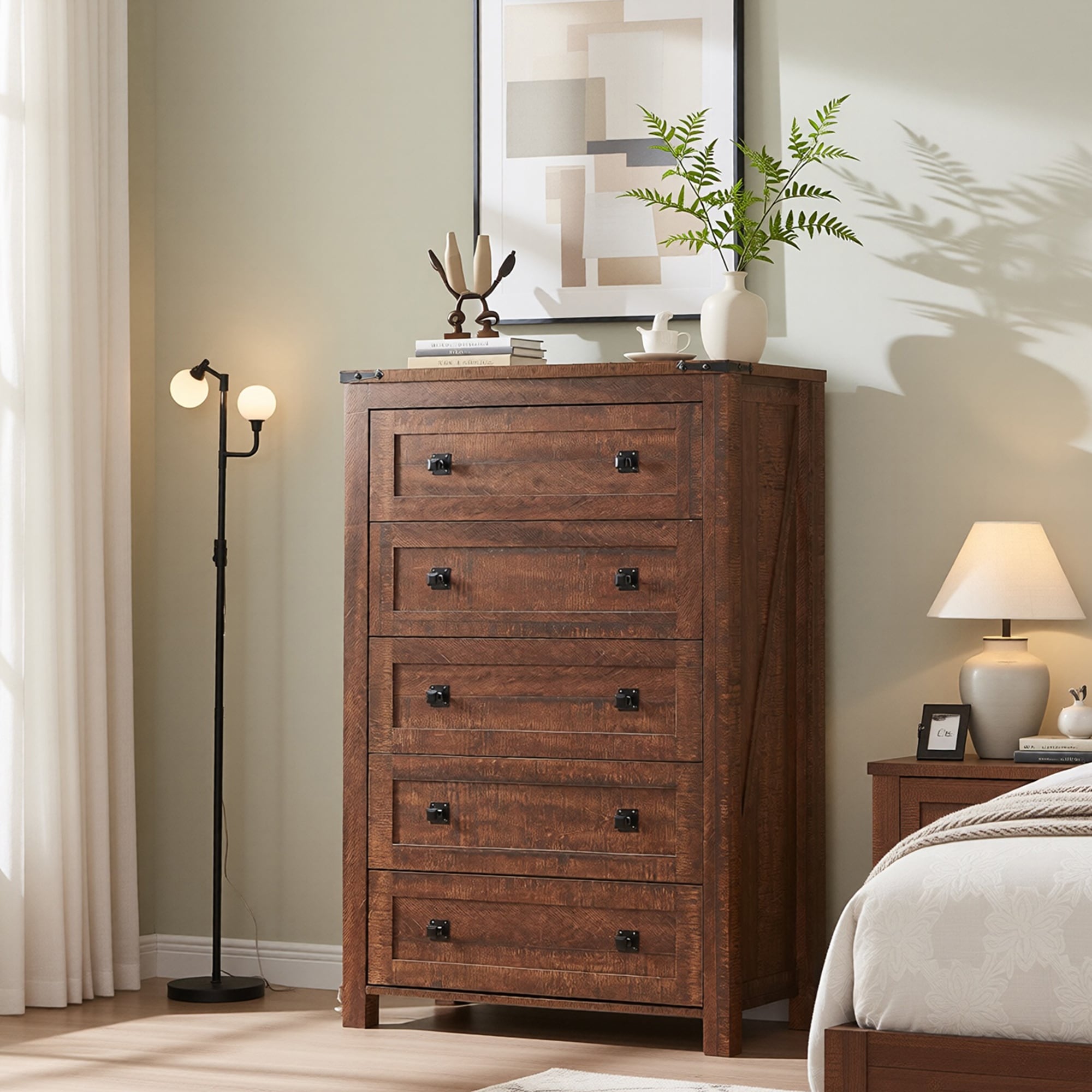 48" Tall Farmhouse 5 Drawer Wood Dresser, Chest of Drawers for Bedroom