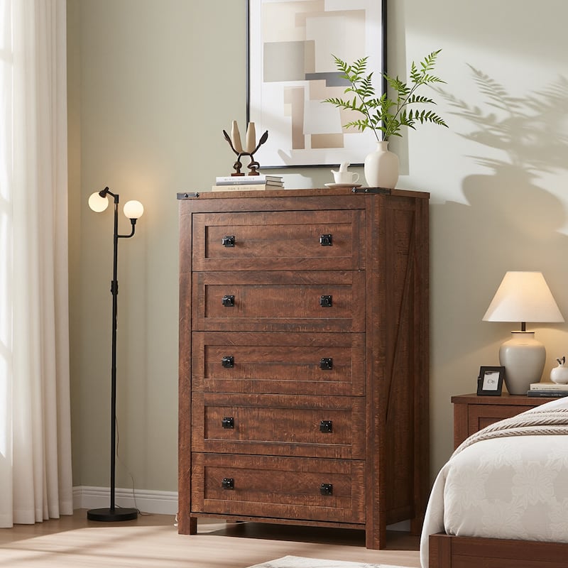 48" Tall Farmhouse 5 Drawer Wood Dresser, Chest of Drawers for Bedroom - Reclaimed Barnwood