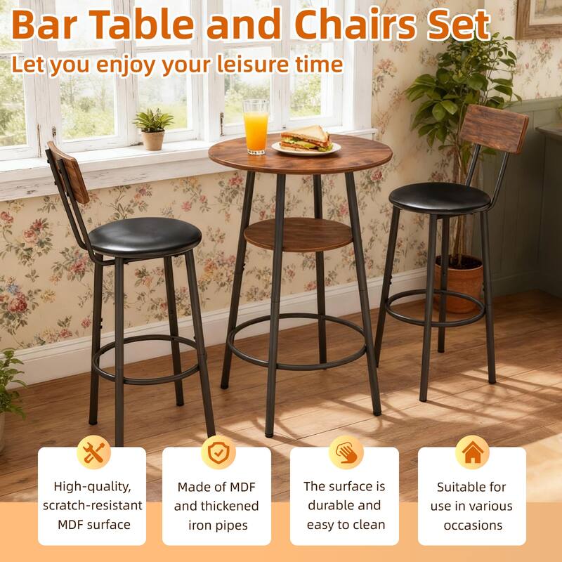 3 Pieces Round Bar Table and Chairs Set, Small Dining Table for 2 with 2-Tier Storage & 2 PU Upholstered Bar Stools