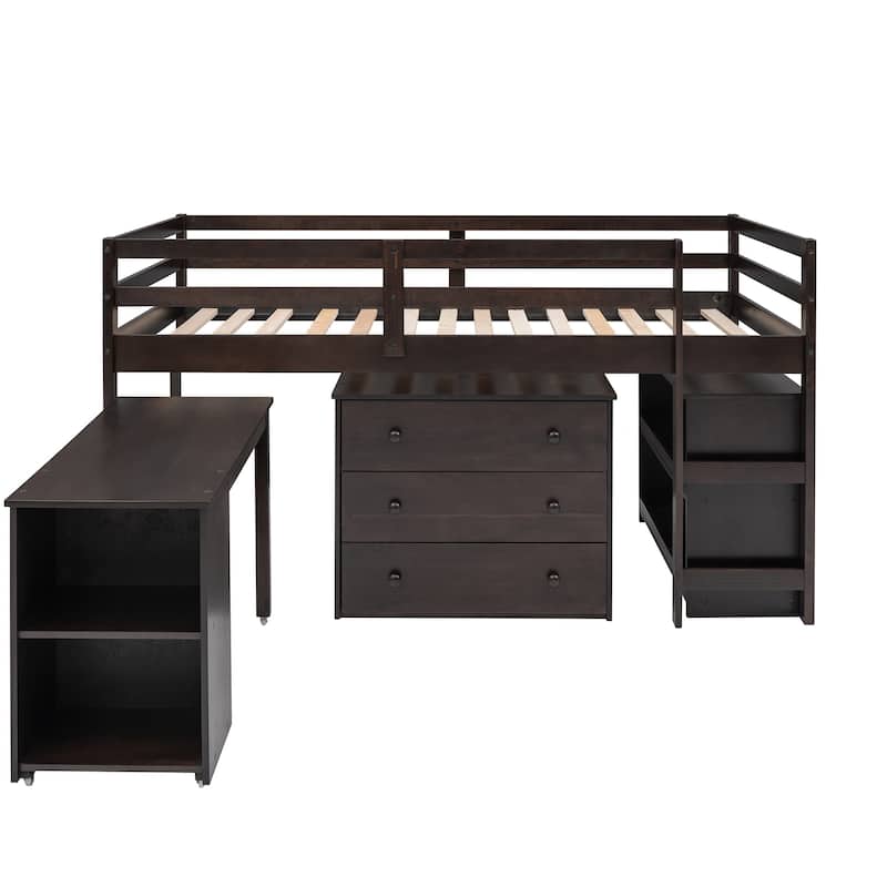 Compact Twin Loft Bed with Storage Drawers and Rolling Desk in Espresso