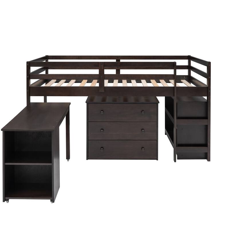 Multiple Functions Low Loft Bed with Cabinet, Shelves and Rolling Portable Desk