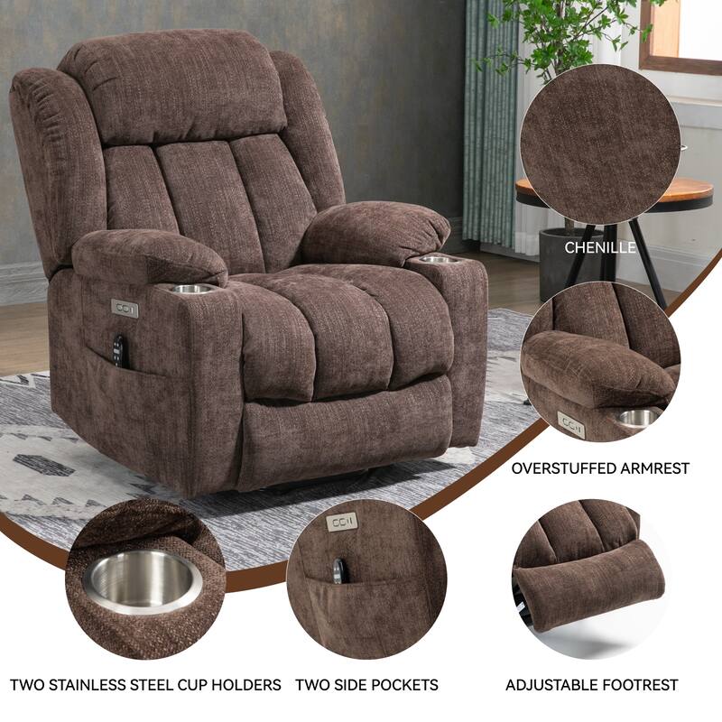 Roomfitters Heavy Duty Power Lift Recliner, Chenille Massage Chair with USB-C Charging and Stainless Cup Holders