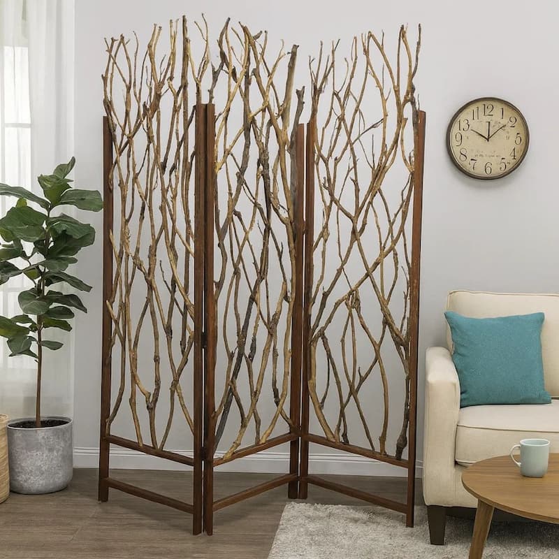 3 Panel Contemporary Foldable Wood Screen with Tree Branches, Brown