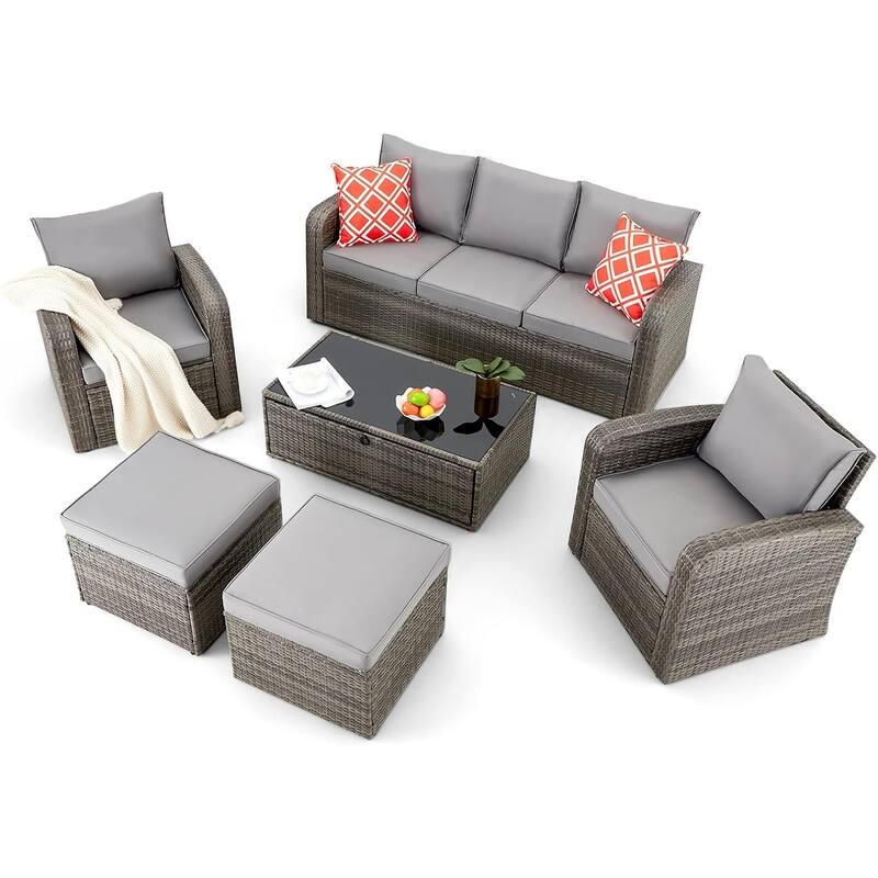 6-Piece Rattan Patio Set with Fire Pit Table, Outdoor Conversation Set with Cushions, Weather-Resistant Sofa Sectional