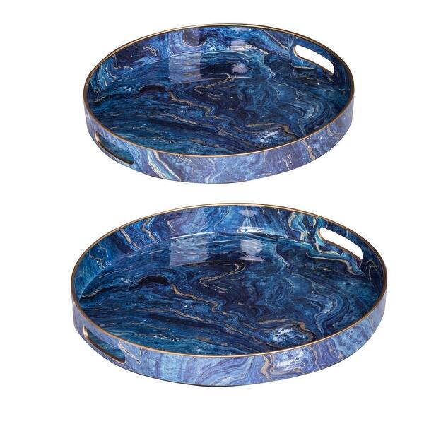 Set of 2 Round Accent Trays, Tabletop Decor, Marbling, Blue, Gold