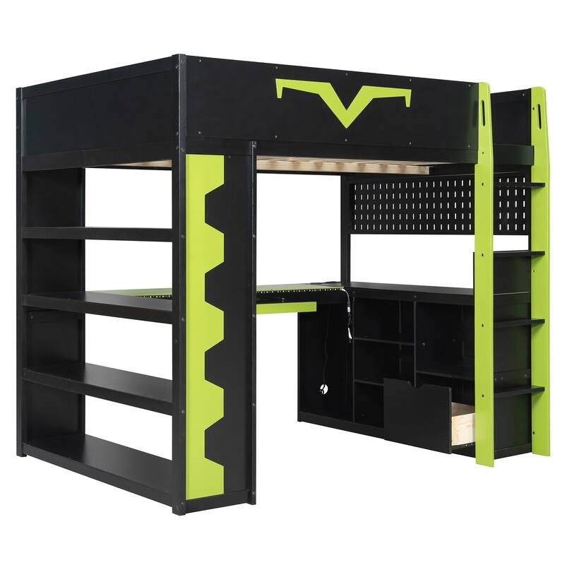 Full Size Gaming Loft Bed with Desk & RGB LED Lights, Pro-Gamer Setup with Pegboard, Keyboard Tray & Storage