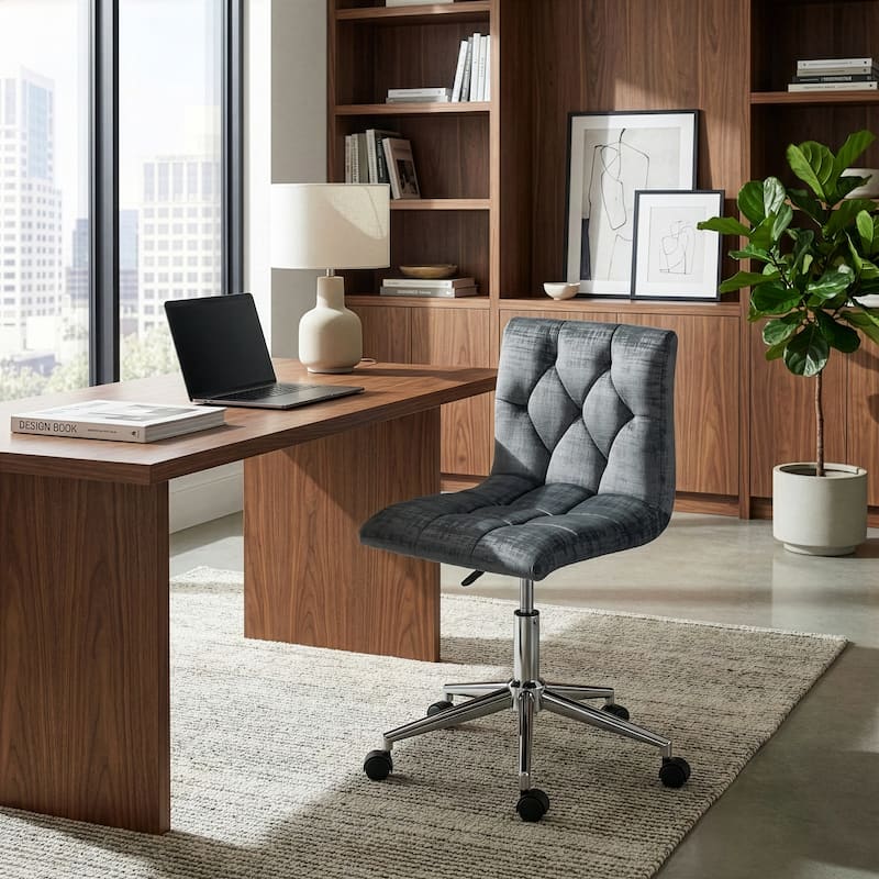 Amali Grey Velvet Adjustable Height Swivel Office Chair w/ Wheel Base