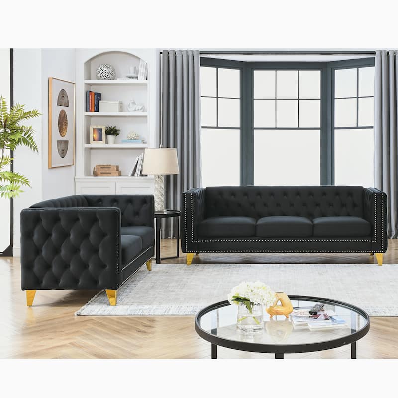 Roomfitters 5-Seater Velvet Sofa Set, 3+2 Chesterfield Square-Arm Tufted Couches with Nailhead Trim and Gold Legs - Black - 5 Seater