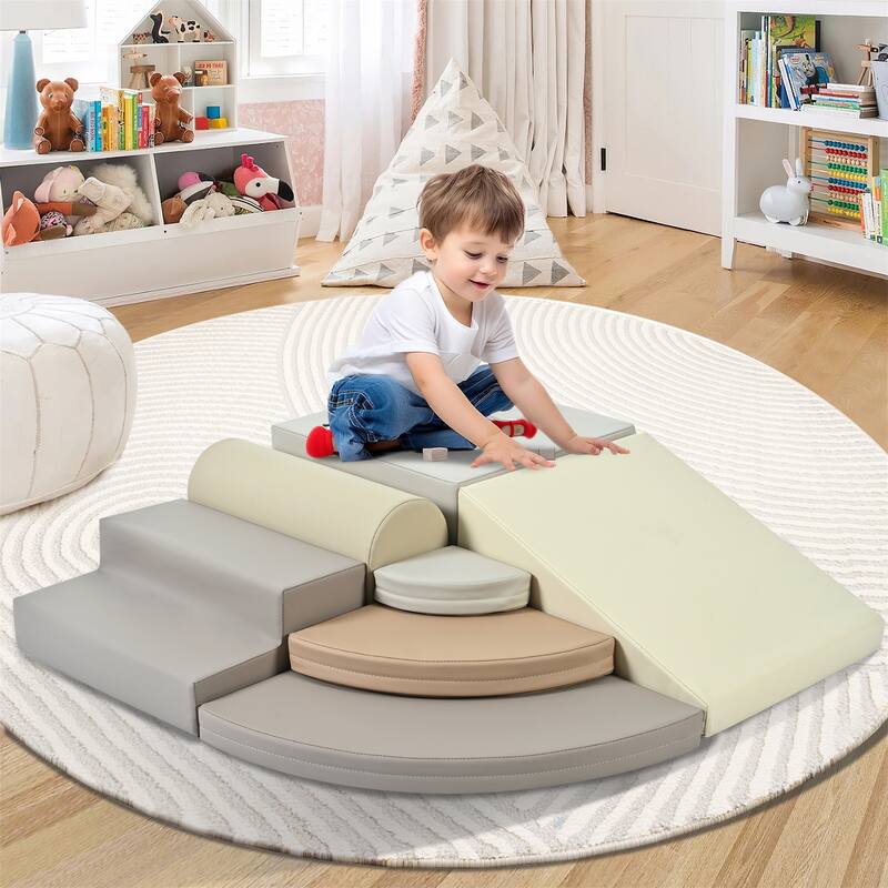 7-Piece Soft Foam Climbing Blocks Crawling Mat - Grey+Brown