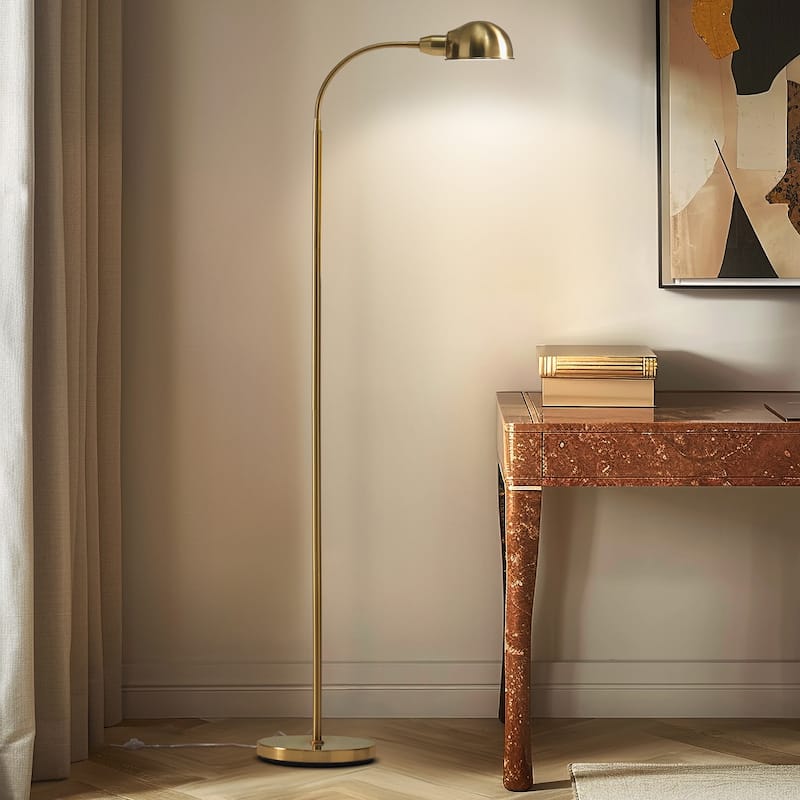 Brightech Regent 68 in. Antique Brass Industrial Height Adjustable Gooseneck LED Floor Lamp with Brass Metal Bowl Shade