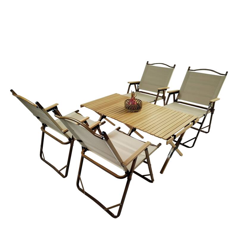Portable Dining Set with Foldable Dining Table and 4 Folding Chairs, Suitable for Indoor and Outdoor Use, Natural