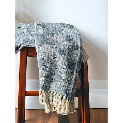 50" X 60" Blue and White Woven Cotton Throw Blanket with Fringe