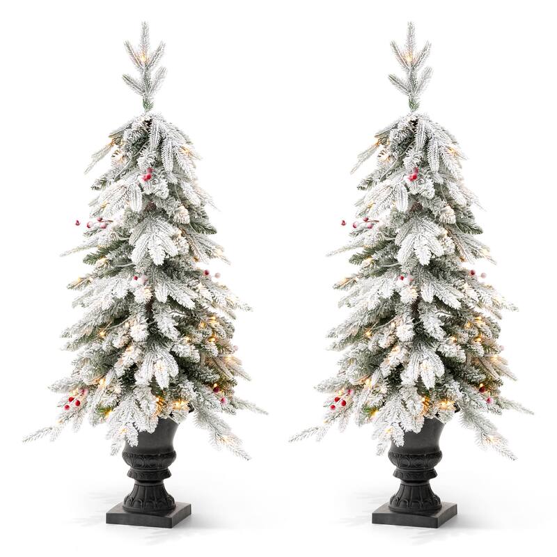 Glitzhome Artificial Christmas 5-Piece Set, 4ft Snow Flocked Artificial Potted Trees, Pinecone Berry Wreath and Teardrops